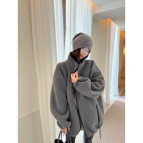 superniniyy 盐系加厚双面摇粒绒灰色宽松立领长袖拉链卫衣外套女