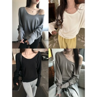 T恤上衣 百搭长袖 superniniyy 淡人氛围慵懒感大圆领可露肩蝙蝠袖