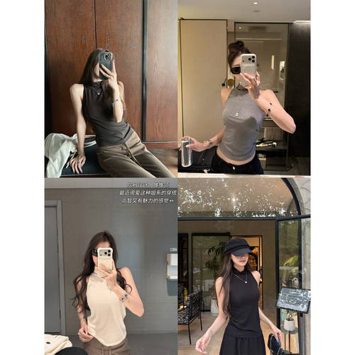 superniniyy高智感美女&堆堆领挖肩削肩无袖修身显瘦吊带背心上衣