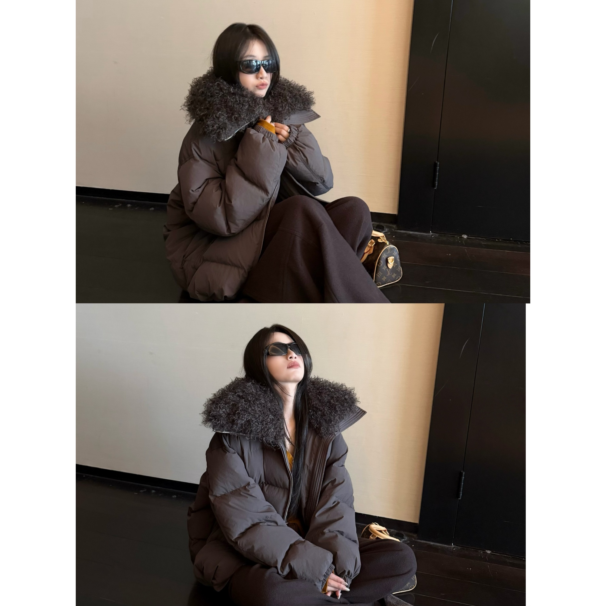 superniniyy 中古欧尼 90新国标白鸭绒乌木棕复古卷毛毛领羽绒服