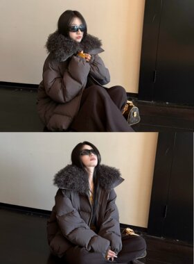 superniniyy 中古欧尼 90新国标白鸭绒乌木棕复古卷毛毛领羽绒服