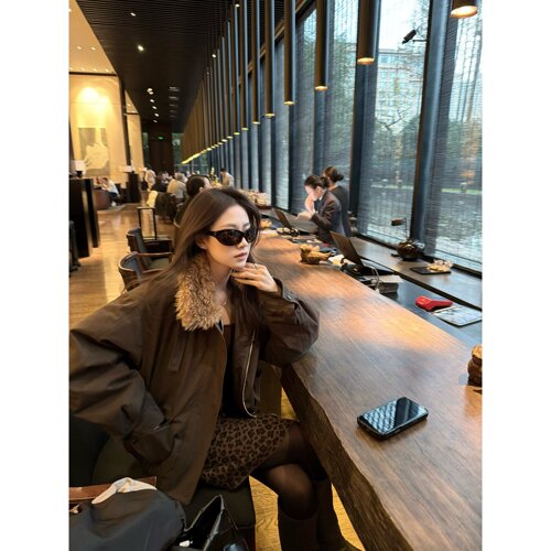 superniniyy 定制毛领帅气休闲工装风飞行夹克棉服立领棉衣外套女