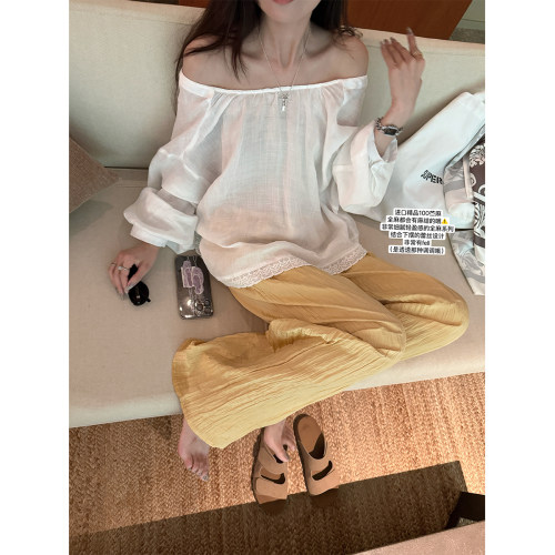 superniniyy 白蔷薇&全苎麻细腻轻薄蕾丝拼接露肩一字肩上衣女夏