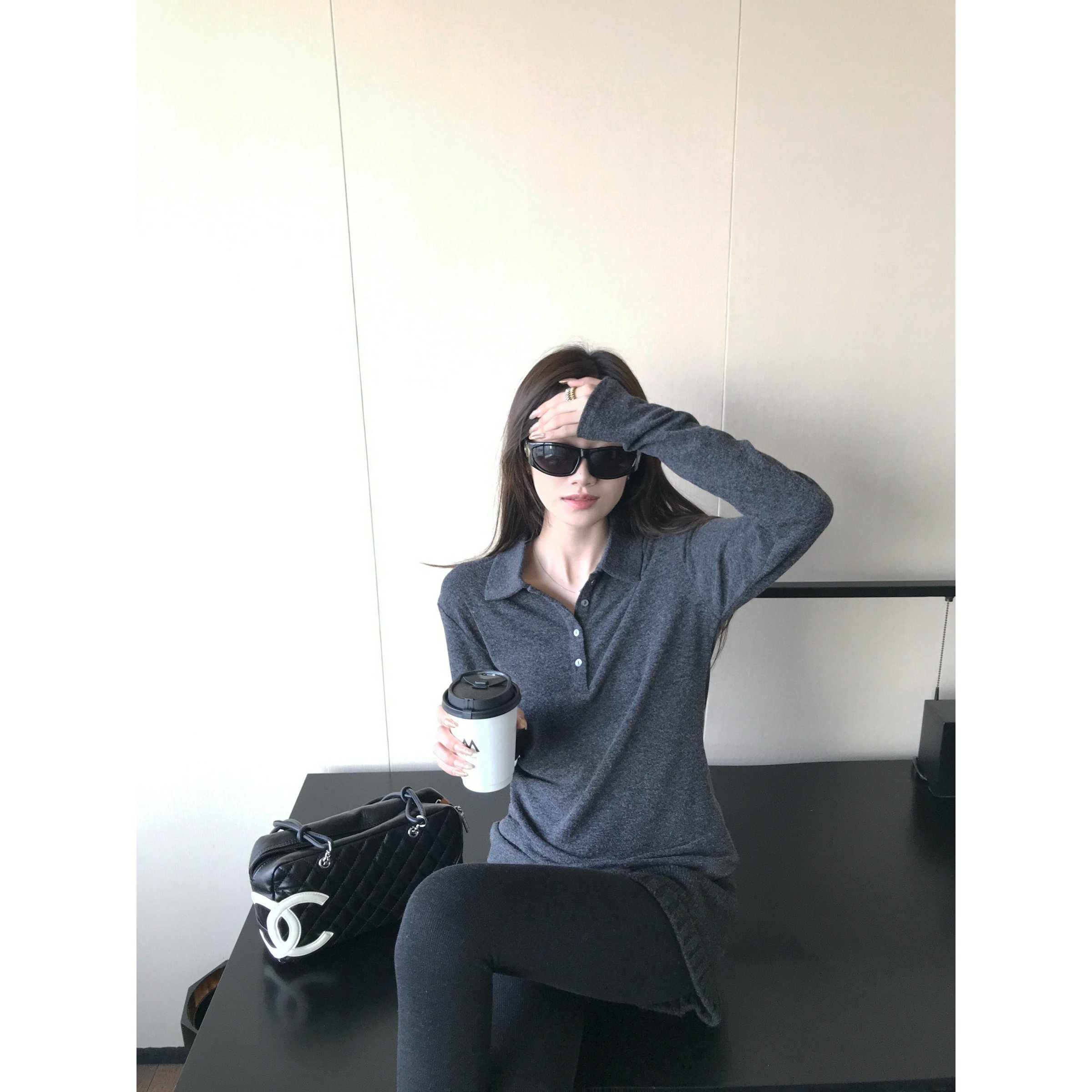 superniniyy 经点极简老钱polo翻领磨毛松弛有度长袖T恤衫上衣女图片