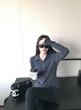 superniniyy 经点极简老钱polo翻领磨毛松弛有度长袖T恤衫上衣女