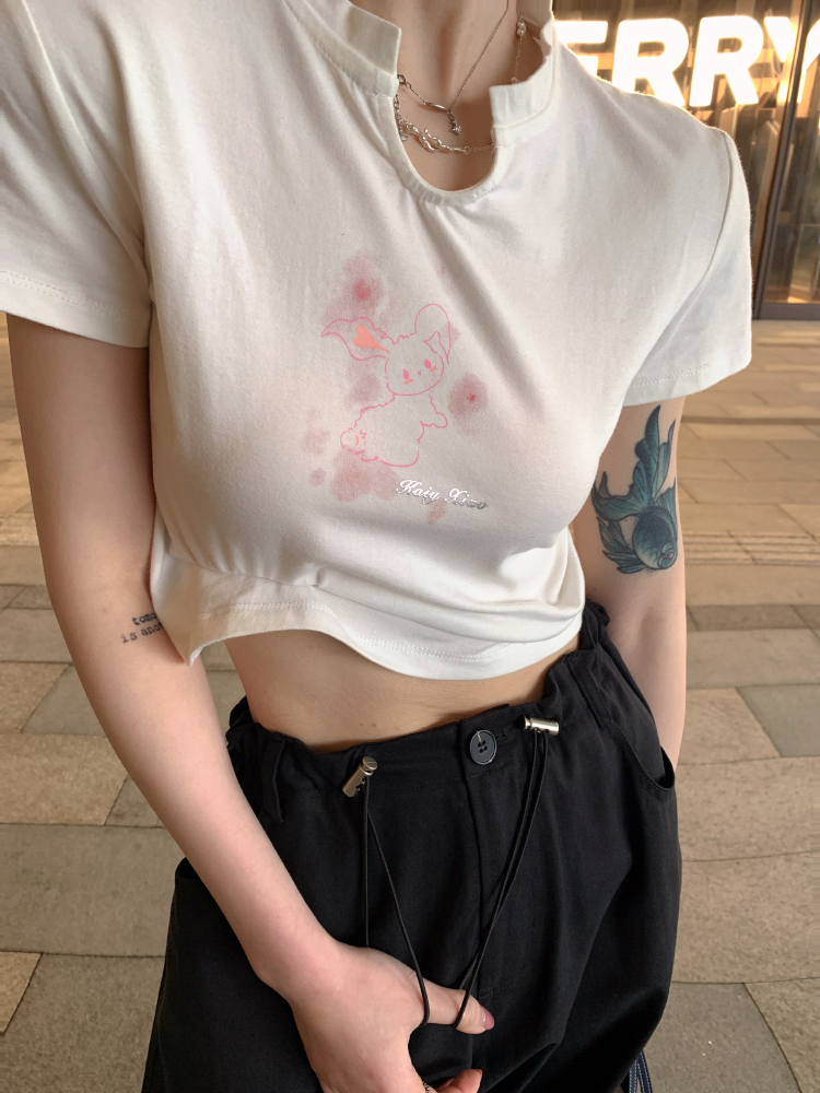 superniniyy纯欲露腰圆领短袖t恤