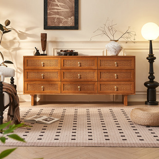 新中式实木斗柜中古风藤编九斗柜现代简约家用餐厅白蜡木餐边柜