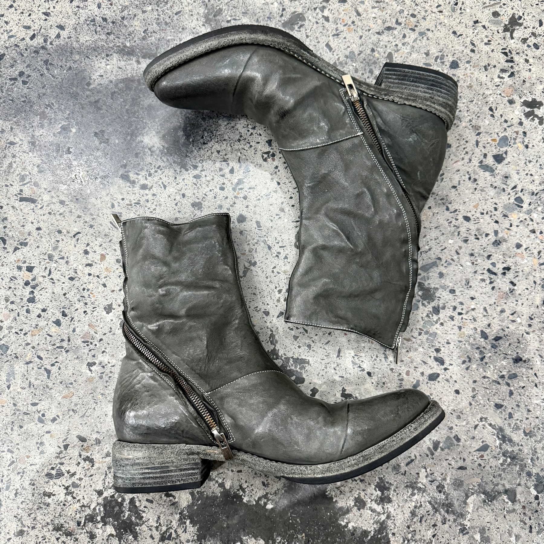 thumbnail for Dark Pioneer Washed Distressed Hand Stitched Goodyear Into Pomparoo Leather Swivel Zip Chelsea Leather Boots 2601