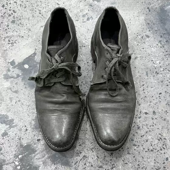 First-Layer Kangaroo Leather Mango Toe Lace-Up Dark Avant-Garde Hand-Stitched Goodyear Welted Water-Washed Artisan Derby Leather Shoes 2600L