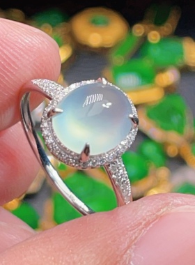 18K金天然翡翠A货-2880蛋面高冰戒指K白镶嵌钻石珠宝玉石简约大气