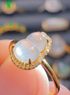 18K金天然翡翠A货2180葫芦高冰戒指K黄镶嵌钻石玉石珠宝起光女士