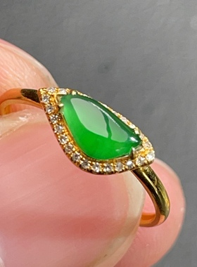 18K金天然翡翠A货-1880满绿随形戒指K黄镶嵌钻石珠宝玉石高冰阳绿