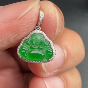 18K金天然翡翠A货-1980佛公满绿吊坠K白万能扣提溜镶嵌钻石