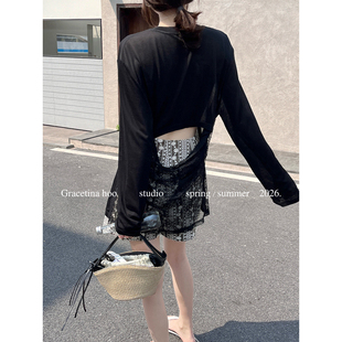 GRACETINA 式 后背镂空蕾丝拼接亲肤慵懒随性防晒长袖 T恤TB536 HOO