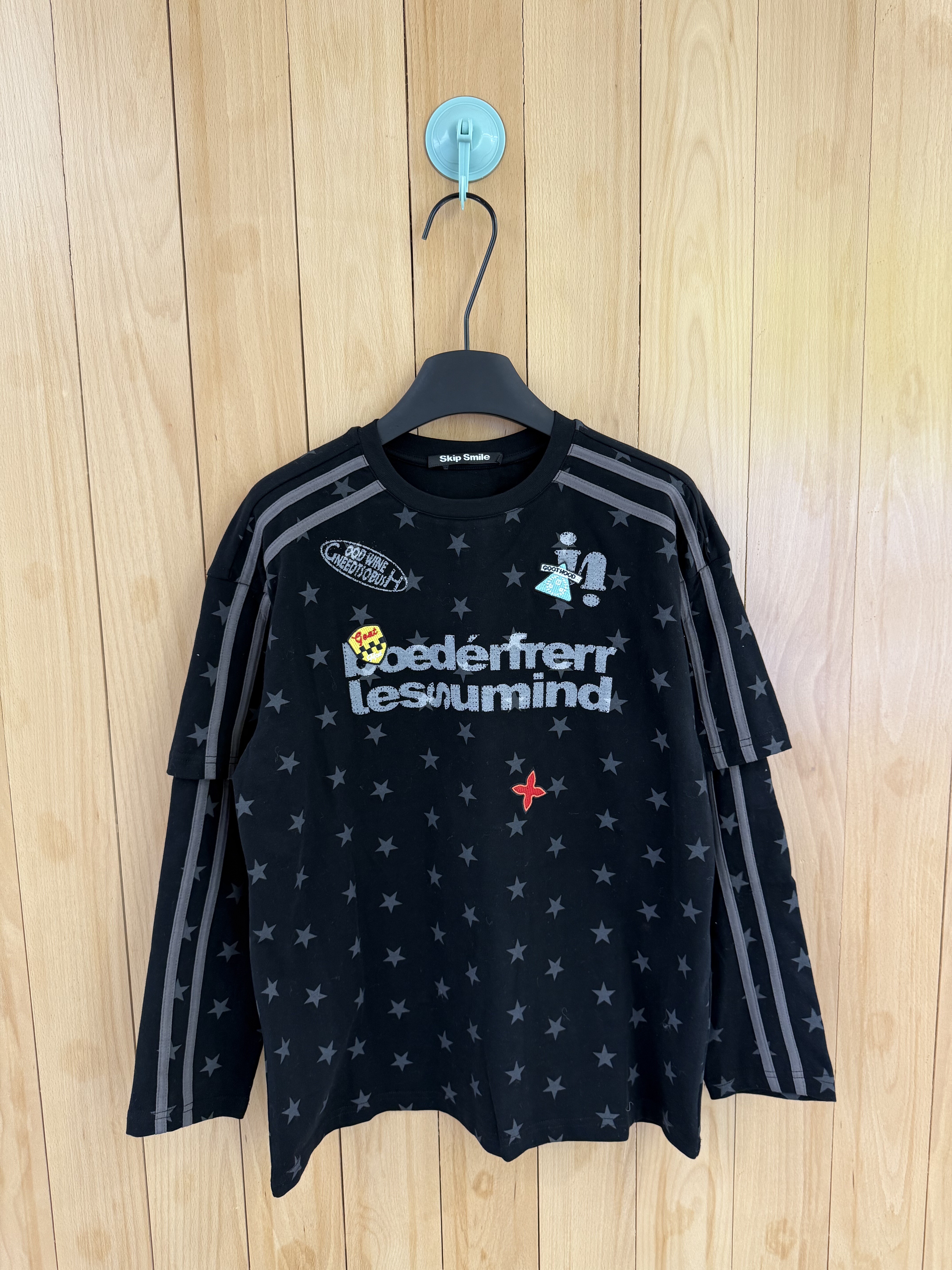 早春SKip Smile正确版美式甜酷女孩星星印花针织棉假两件套 T恤入