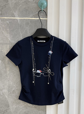 SKip Smile买手店美式小众链条印花装饰抽绳趣味辣妹短款 深蓝T恤