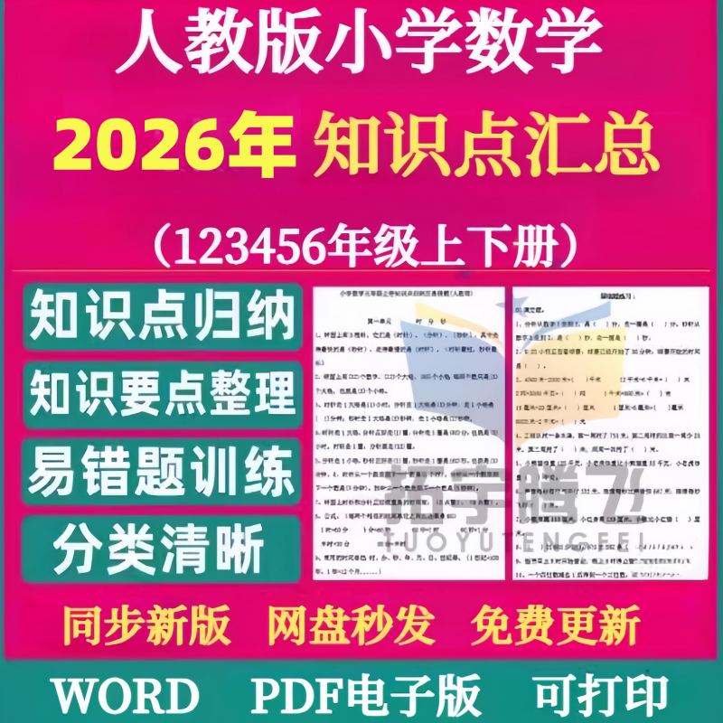 2026年人教版小学数学一二三四五六年级上下册知识点总结汇总复习电子版期中期末单元检测试卷复习知识点梳理专项练习题试题word