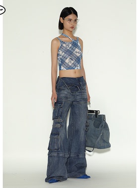 辣妹超市 MARRKNULL 夏季新款蓝色Dislocation牛仔工装裤