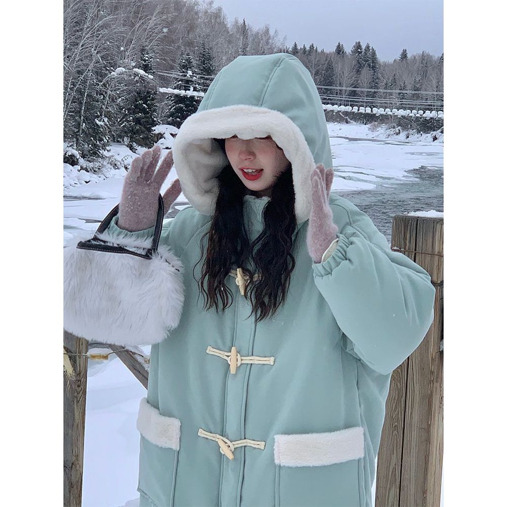 霍里德地图毛绒内里冬季棉服女2022甜美宽松牛角扣连帽中长款外套