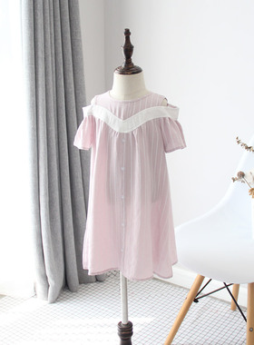 夏款 韩国童装 学院风条纹棉麻凉爽女童连衣裙an35086