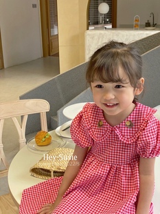 连衣裙女童公主裙小童1 Su纯棉格子小翻领儿童短袖 5岁 韩版 2022夏