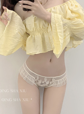 潮品欧美性感蕾丝荷叶边包臀刺绣舒适透气透明诱惑女低腰三角内裤