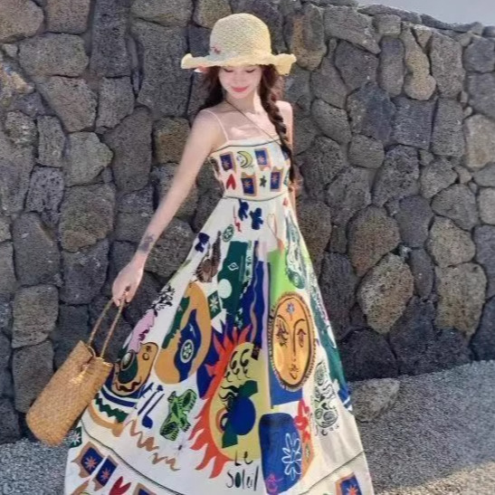 民族风夏季长裙子A字裙无袖连衣裙吊带夏女连衣裙高级连衣裙感