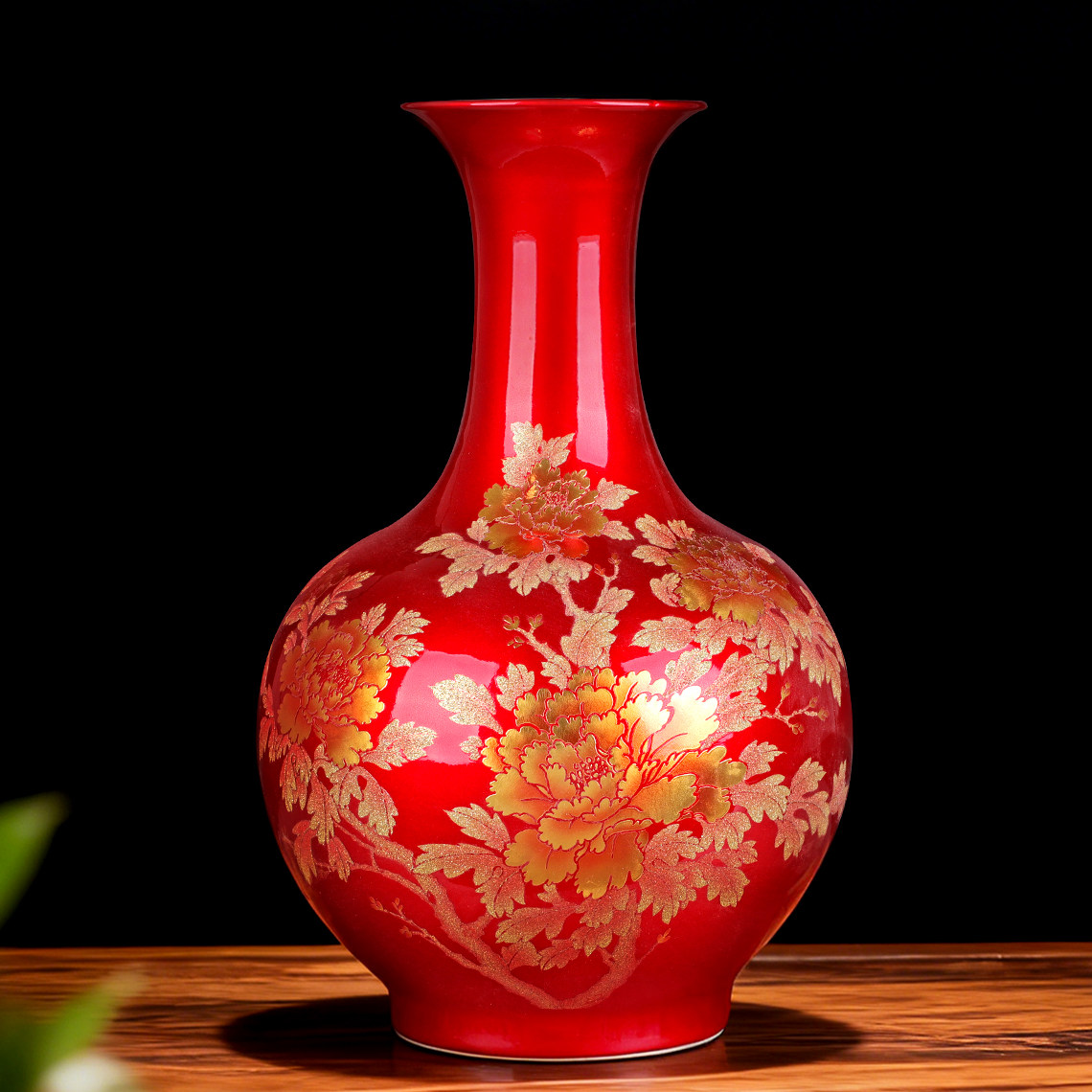 水晶釉陶瓷器落地花瓶摆件中国红色景德镇客厅插花中式结婚装饰品