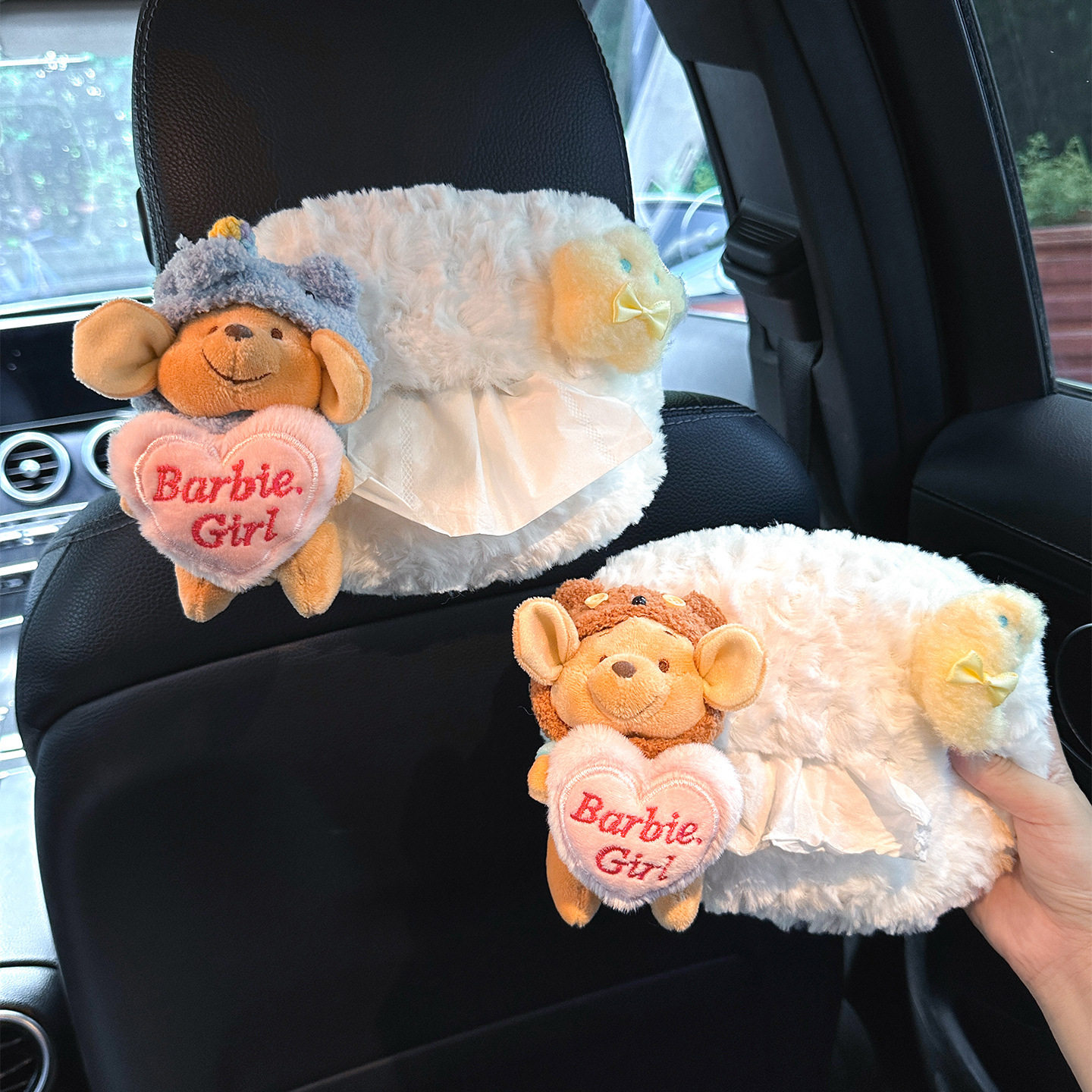 新款汽车纸巾盒可爱卡通小熊车载纸巾袋车内抽纸盒毛绒纸巾套迷你