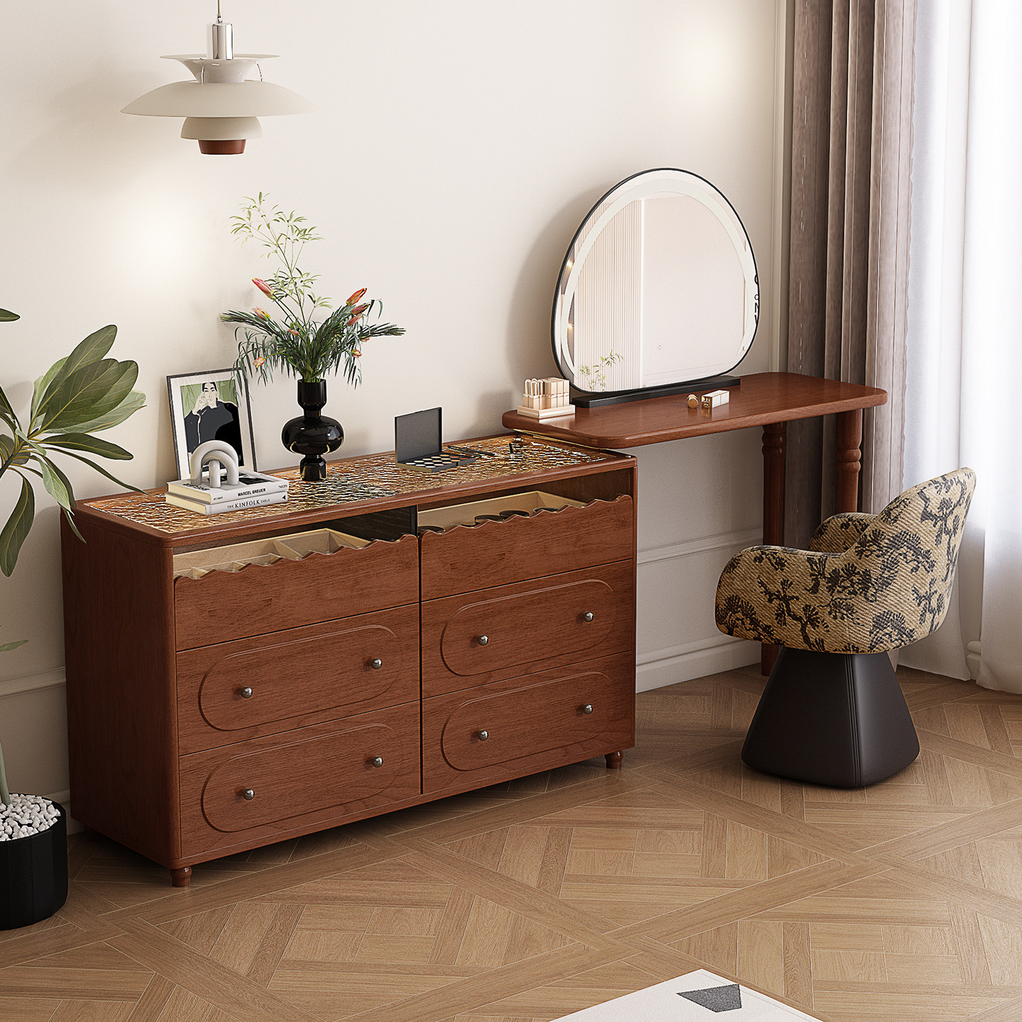 法式复古实木化妆台卧室高级感2026新款中古梳妆台斗柜一体化妆桌,住宅家具,梳妆台/桌,淘宝优惠券,粉丝福利购,淘宝优惠卷