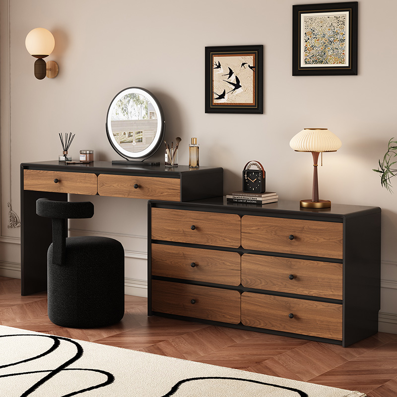 中古风实木梳妆台卧室床尾化妆台斗柜一体收纳柜网红可伸缩化妆桌