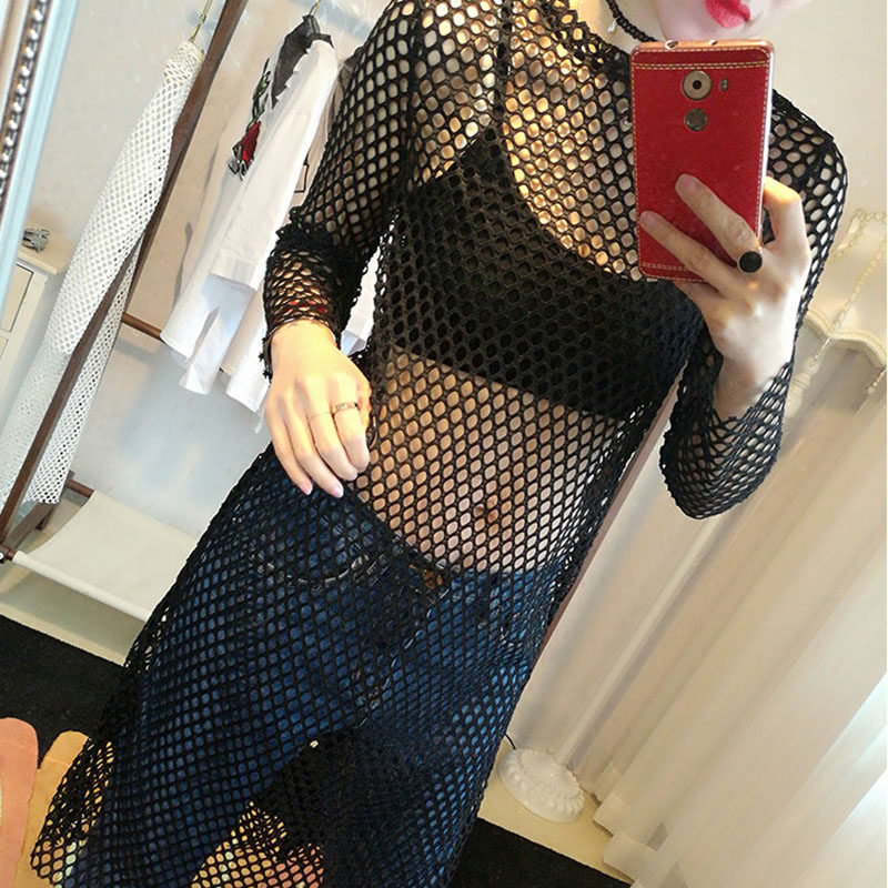 大码网眼罩衫渔网镂空长款蕾丝衫网格子透视衫