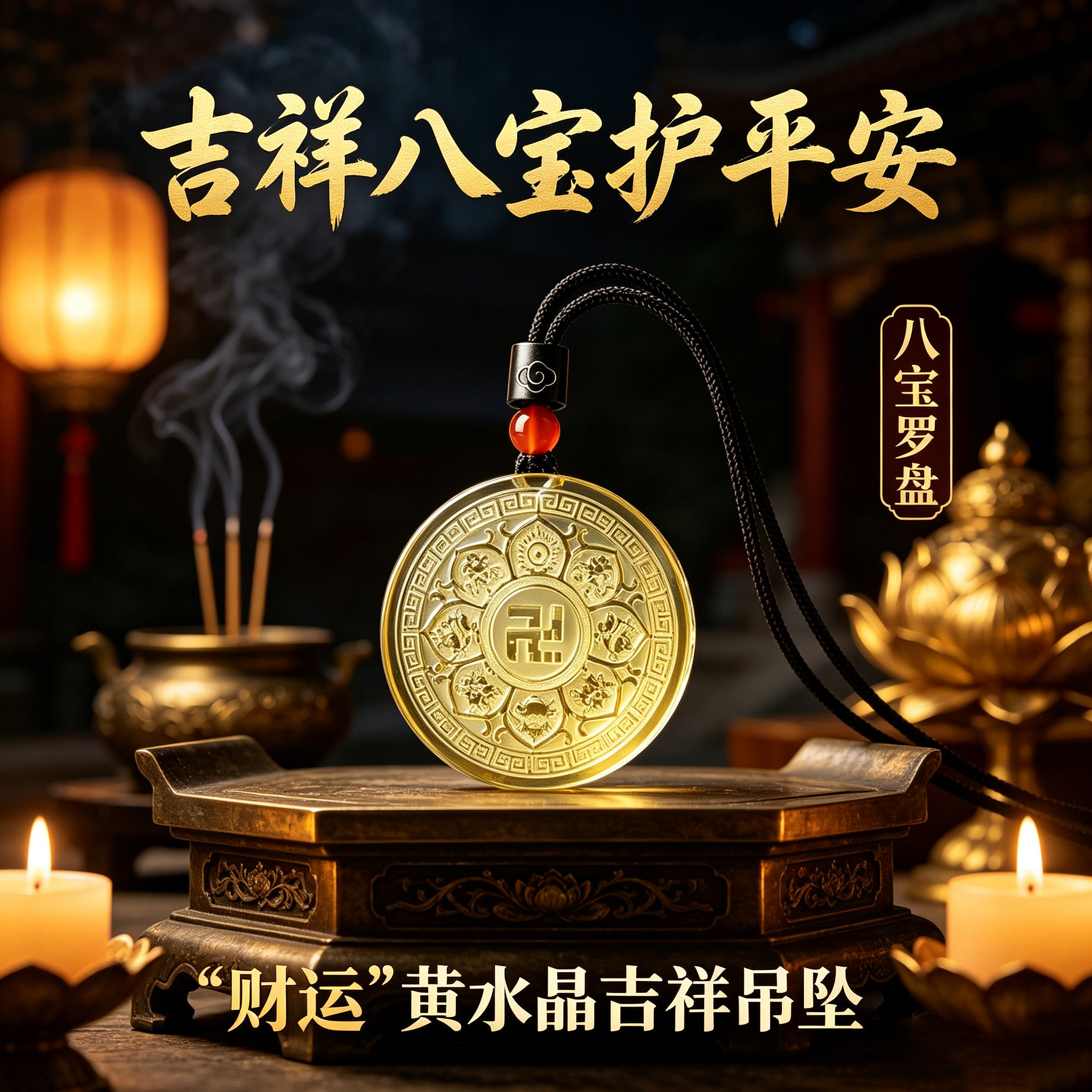 黄水晶八宝罗盘精品双面浮雕工艺招财进宝护佑平安