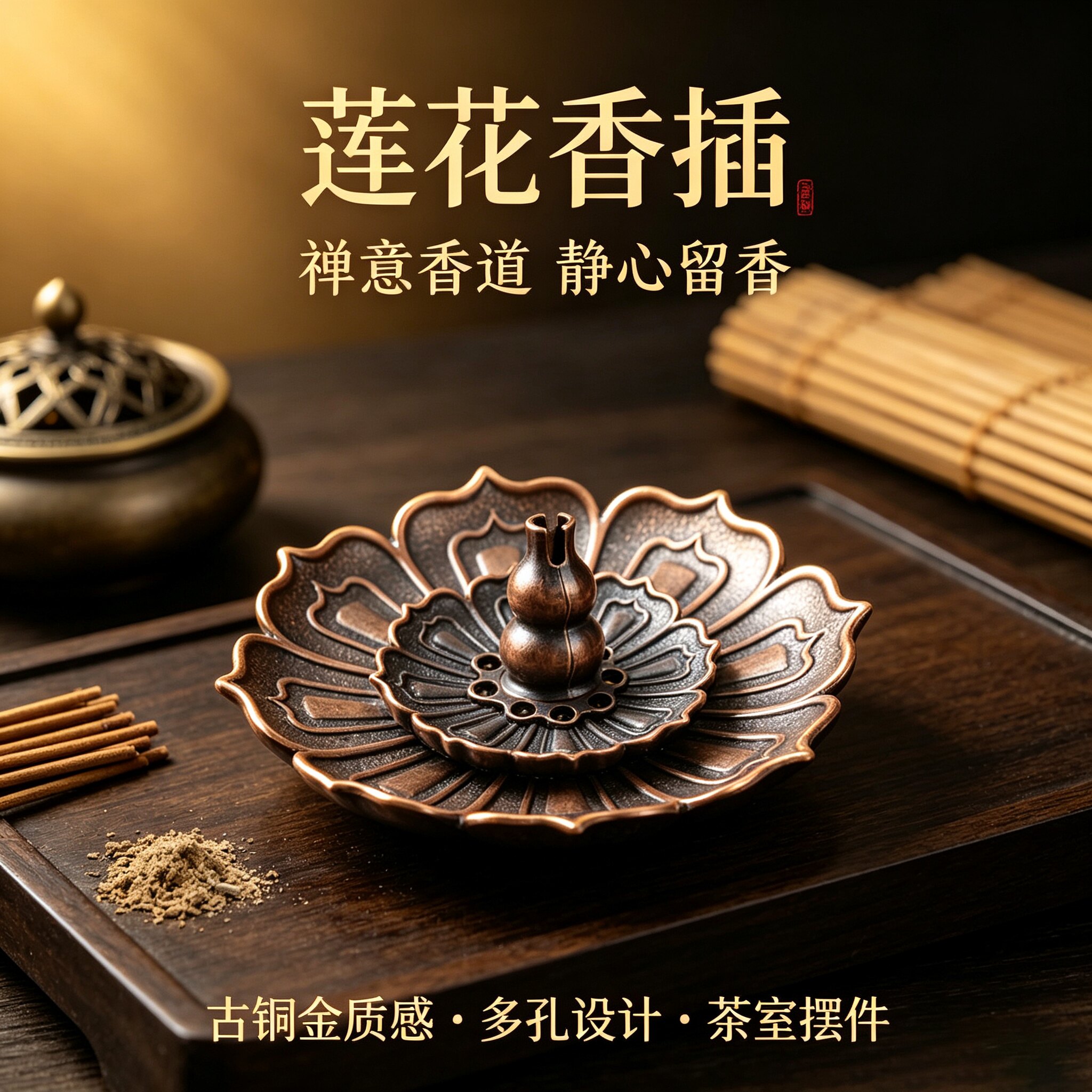 三宝莲花香插盘香香座家用金属檀香线香插摆件香薰炉厂家批发
