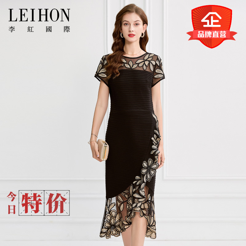 LEIHON/李红国际高贵圆领撞色绣花波浪鱼尾摆奢华修身晚宴女礼服