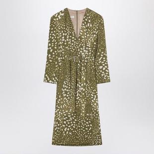 Dries 印花腰带设计前开叉 Van Noten女连衣裙V领长袖