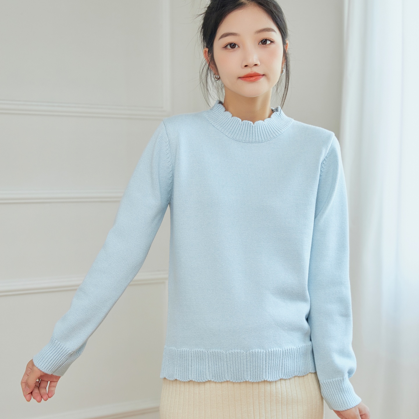 春秋冬简约通勤100%棉线针织毛衣