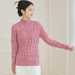 东润莲品牌原创花色加厚纯棉毛衣女秋冬半高领套头长袖 针织打底衫