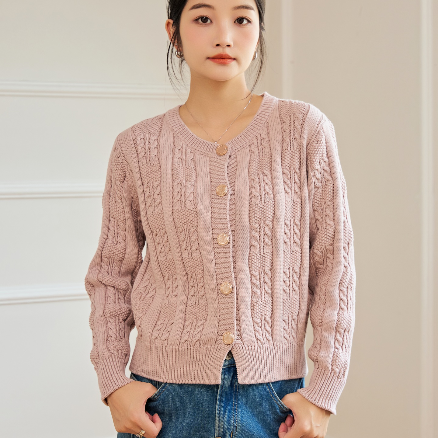 全棉加厚针织开衫毛衣女短款外套