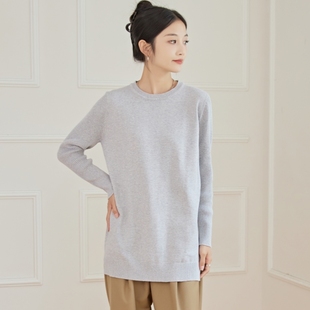 圆领套头纯棉毛衣 中长款 东润莲100%棉线衣全棉针织衫 简约通勤女式