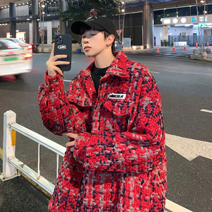 小香风千鸟格2024龙年限定外套男hiphop美式高级感红色情侣夹克春图片