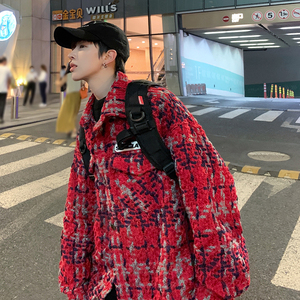 小香风千鸟格2024龙年限定外套男hiphop美式高级感红色情侣夹克春图片