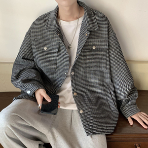 204-JK71-P75新款小香风千鸟格编织外套夹克男宽松休闲情侣衬衫潮图片