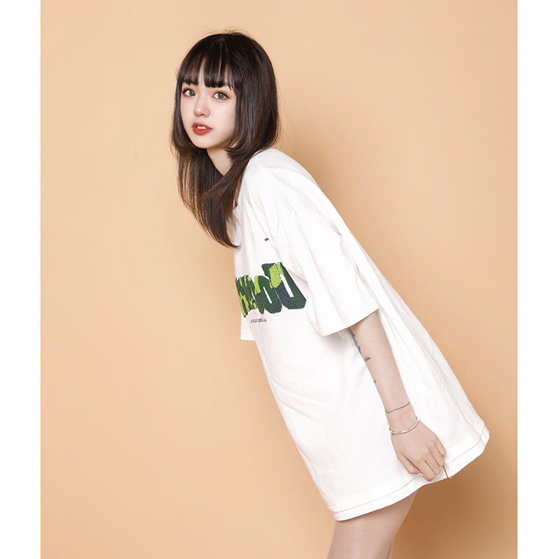 204-T62-P30中性蓝墙美式毛巾刺绣短袖T恤女生ins圆领假两件半袖,女装T恤,星座204