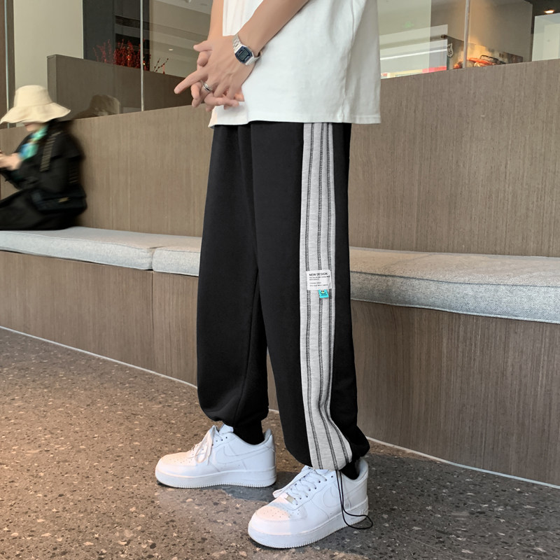 204-K29-P45抽绳束脚卫裤男士运动直筒长裤子ins休闲韩版潮流条纹,男装休闲裤,星座204