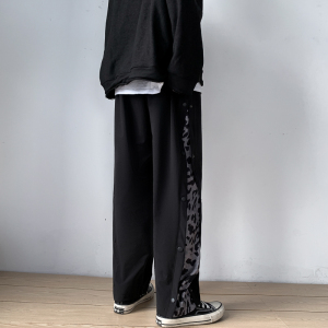 204-K24-P45排扣纽扣豹纹拼接长裤高街复古 宽松  直筒休闲排扣裤图片