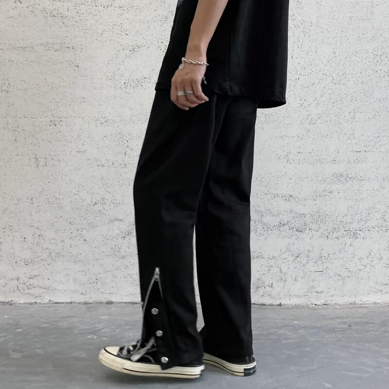 204-k36-P45 男ins修身百搭排扣裤拉链韩版潮流嘻哈拖地休闲裤图片