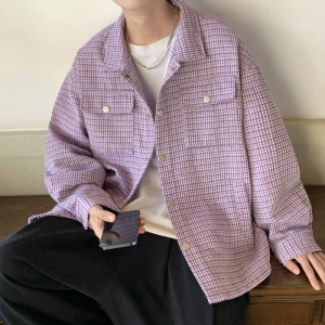 204-JK71-P75新款小香风千鸟格编织外套夹克男宽松休闲情侣衬衫潮图片