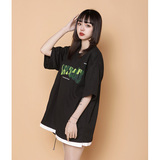 204-T62-P30中性蓝墙美式毛巾刺绣短袖T恤女生ins圆领假两件半袖，女装T恤，星座204