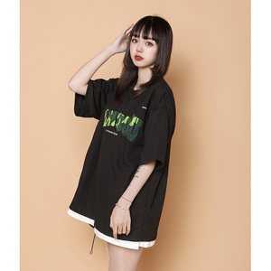 204-T62-P30 中性蓝墙美式毛巾刺绣短袖T恤女生ins圆领假两件半袖图片